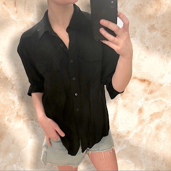 Vintage Joanna Black Silky Relaxed Long Sleeve Button Down Top Shirt Blouse M - Picture 7 of 16